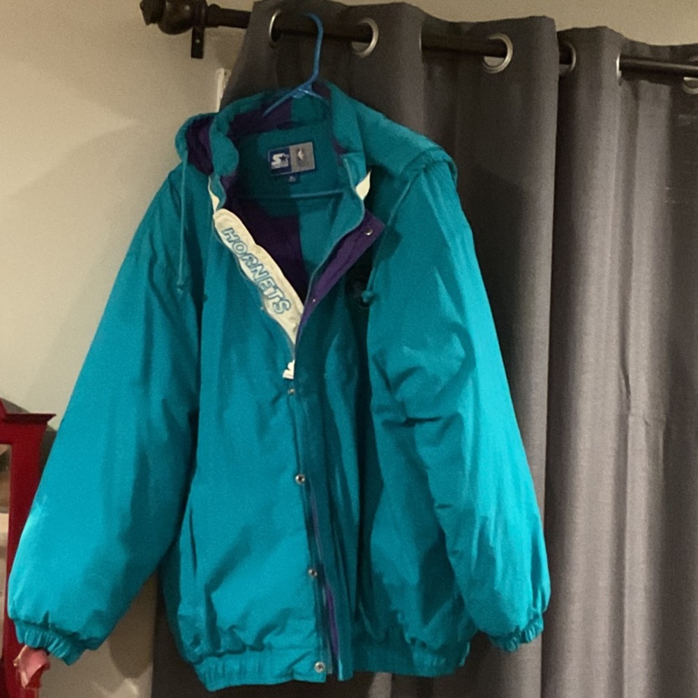 Stylish Teal and Purple Charlotte Hornets Puffer Starter Jacket